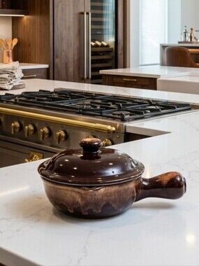 Vintage Hall Pottery Brown Drip Glazed Handled Casserole Bowl #2190